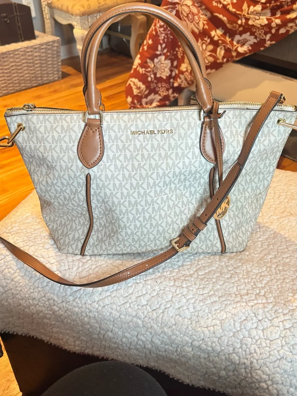 Michael Kors Beige Signature MK Tote with Tan Trim